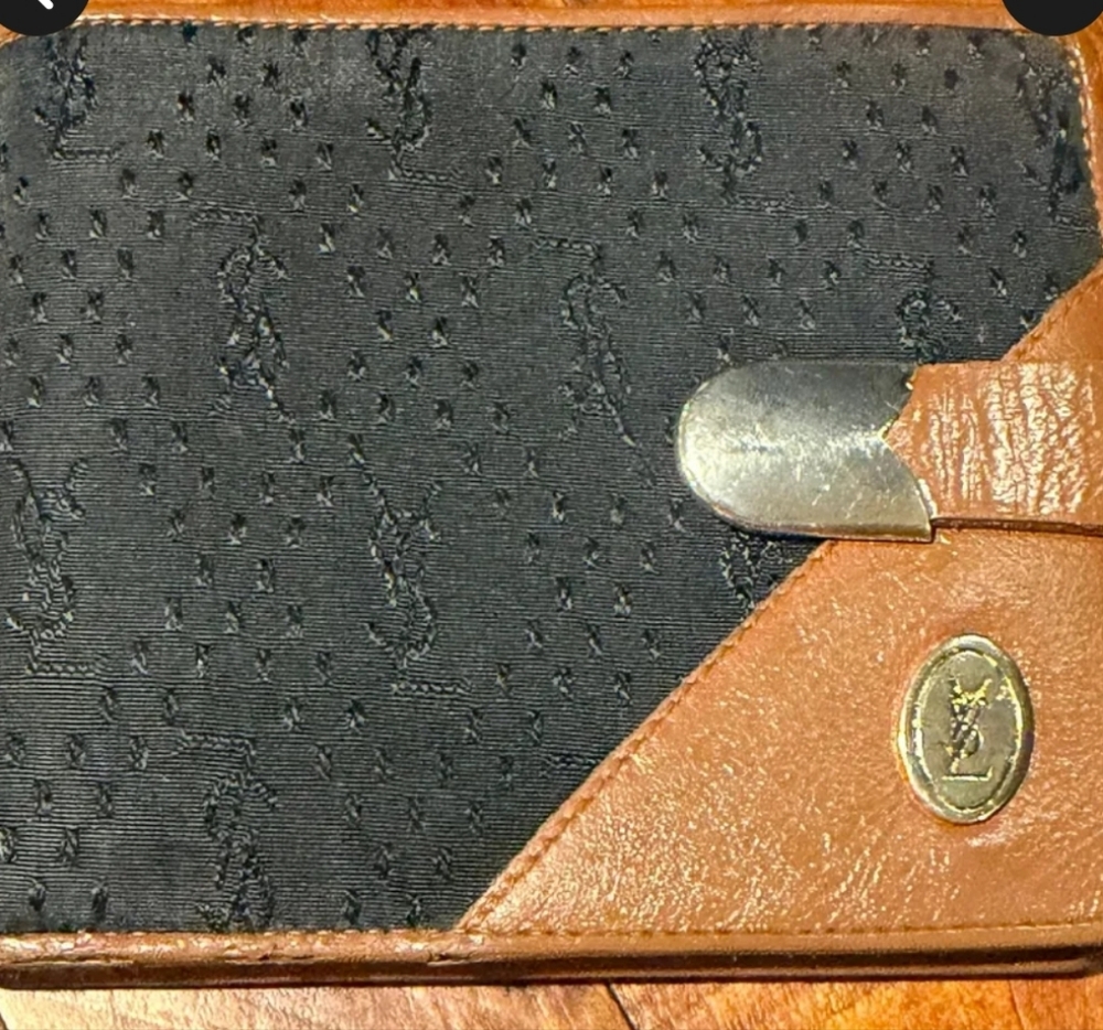 Yves Saint Laurent Black Monogram Fabric Wallet with Tan Leather Trim